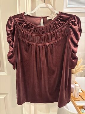 LOFT Velvet Ruched Yoke Blouse — Wine